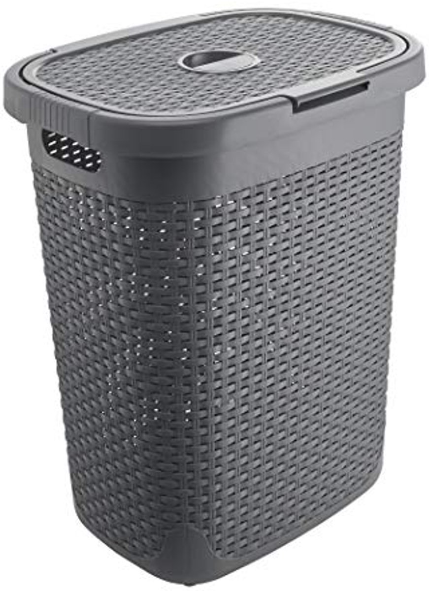 Faux Rotan 50 Liter Wasmand met Deksel - Houtskoolgrijs