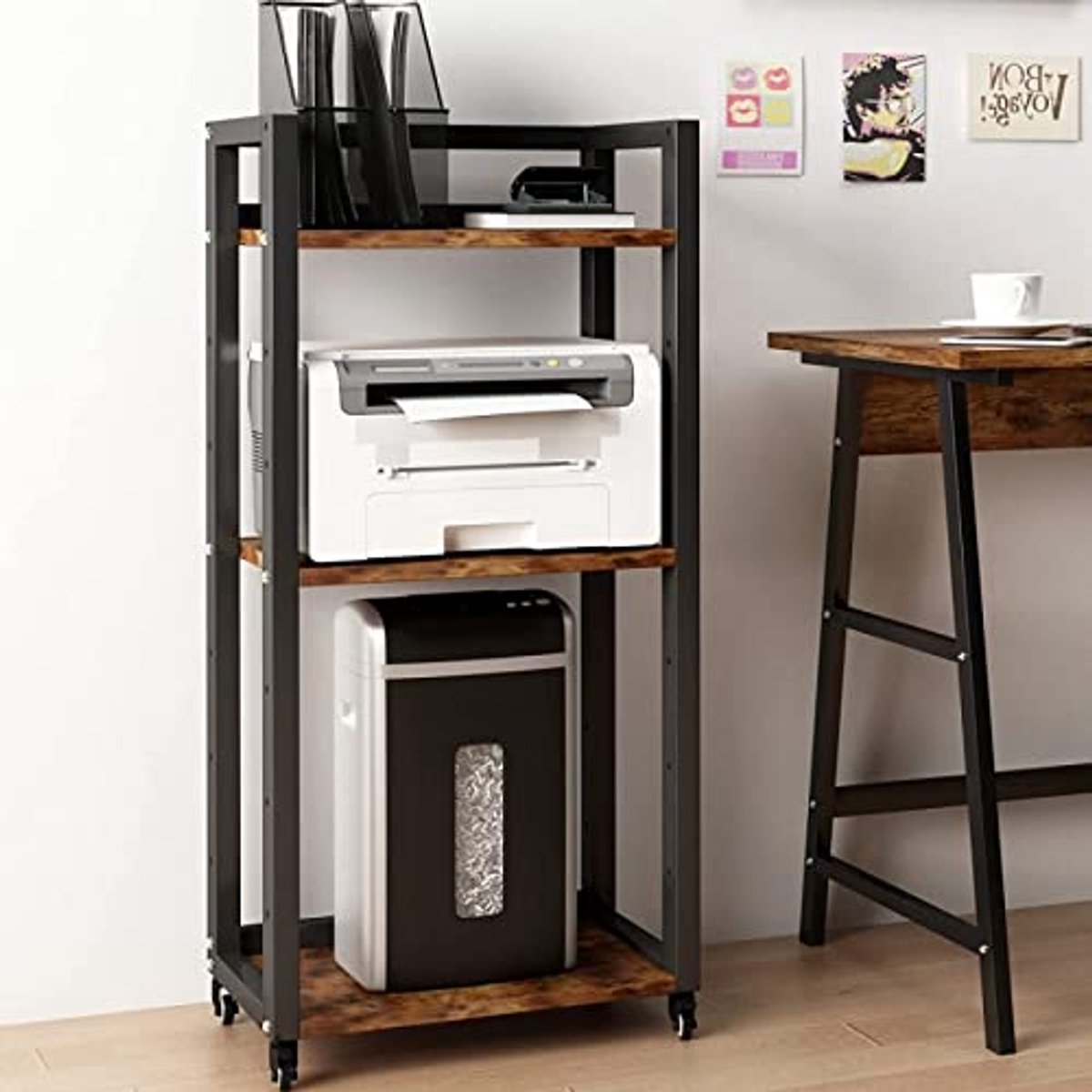 Hoogte Verstelbare Printertafel met Wieltjes en 3 Verdieningen - Mobiele Printwagen voor Kantoor en Keuken