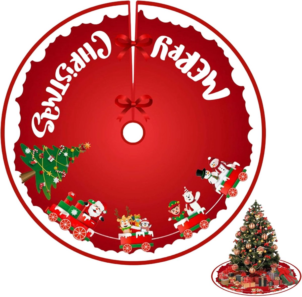 Rood kerstboomvormig vloerkleed van 90cm voor kerstfeestdecoratie in huis of tuin.