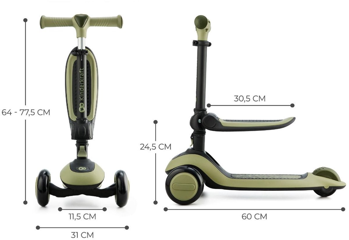 Kinderkraft HALLEY 2-in-1 Loopfiets en Driewieler Step - Voor Kinderen van 1-5 Jaar, Max 50 kg - Verstelbaar Zadel en Stuur, Opvouwbaar, LED Wielen - Groen — afbeelding 8