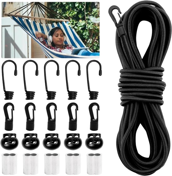 Elastisch Rubberen Koord Van 5 Mm 12 Meter Zwart Met Spiraalhaken 