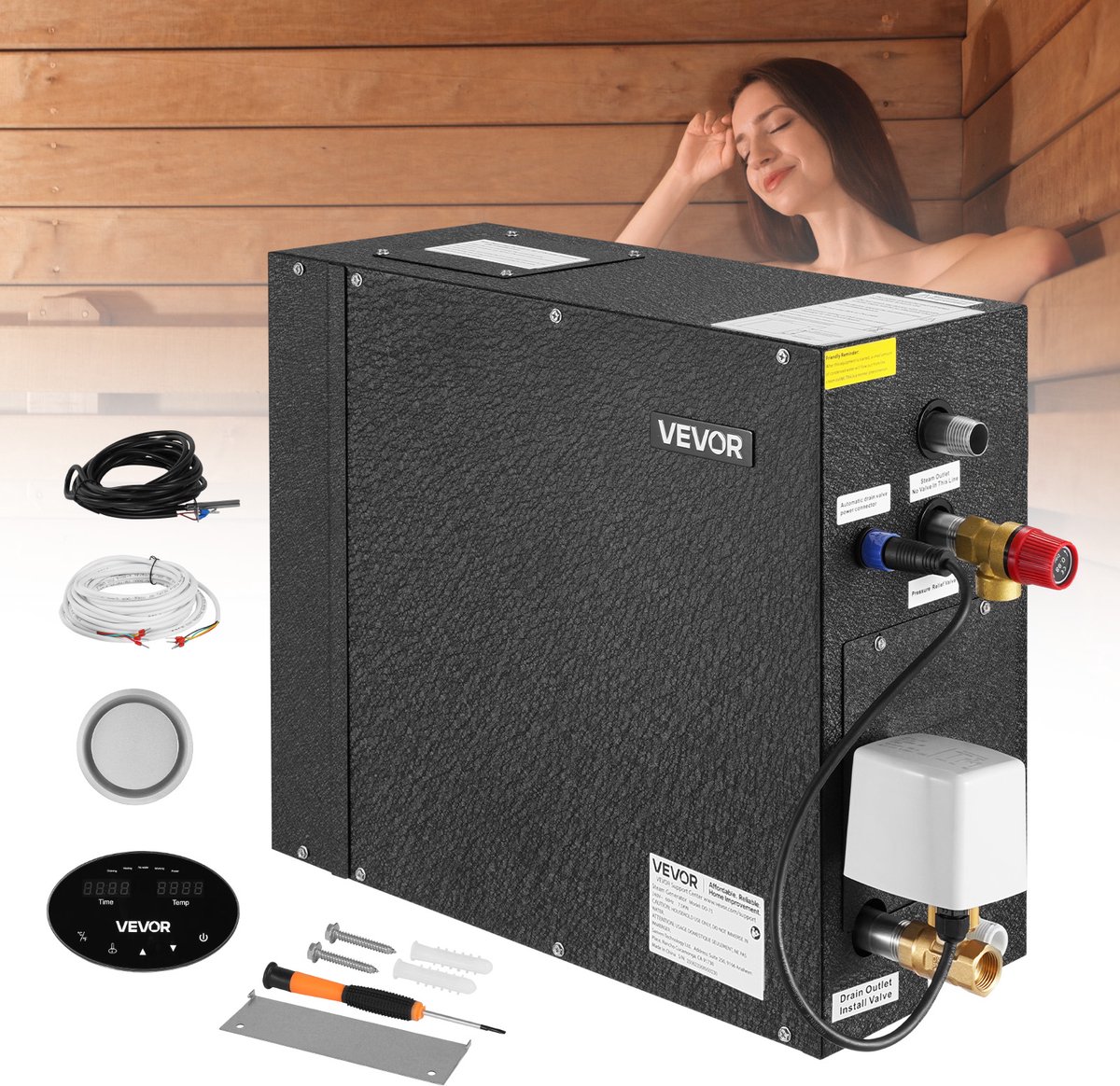 VEVOR Stoomgenerator, 7,5 Kw Stoomgenerator, Stoomdouchesysteem Met Bediening voor Sauna, Bad, Spa, CommerciëLe Automatische Afvoerset Met Oververhittings-, Droogloop- en Overdrukbeveiliging, Zwart — afbeelding 1