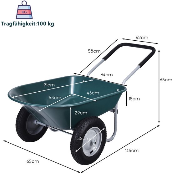 COSTWAY Kruiwagen met 2 wielen, 75 l, schuifwagen, 100 kg draagkracht, metalen frame, transportwagen voor tuin, tuinkar met rubberen handgreep, bouwkruiwagen, tuinkruiwagen (groen) van Merkloos	 — afbeelding 2