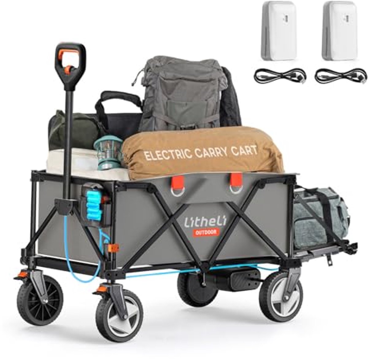 Opvouwbare elektrische bolderkar met remmen - 200L capaciteit, 60 kg belastbaar, ideaal voor camping, tuin, strand en winkelen