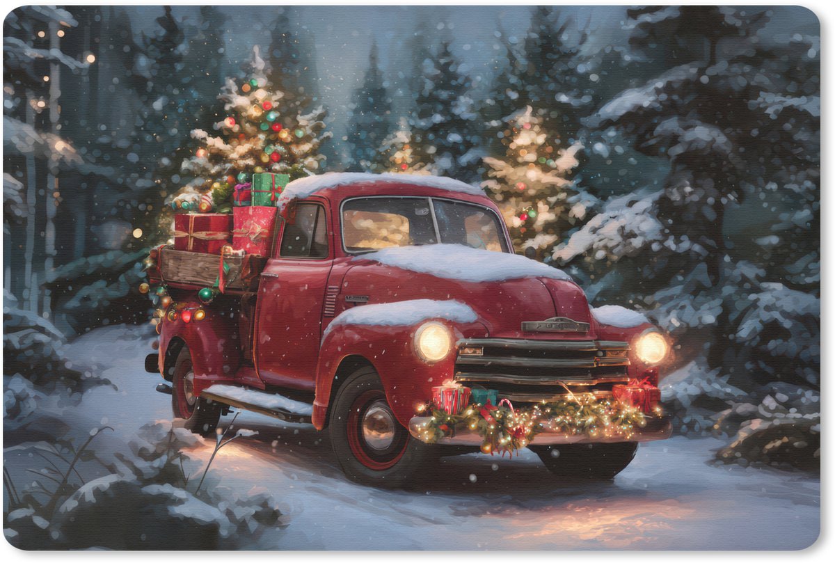 Muismat 27x18 cm - Mousepad Kersttruck - Sneeuwbos - Rood - Muismatten