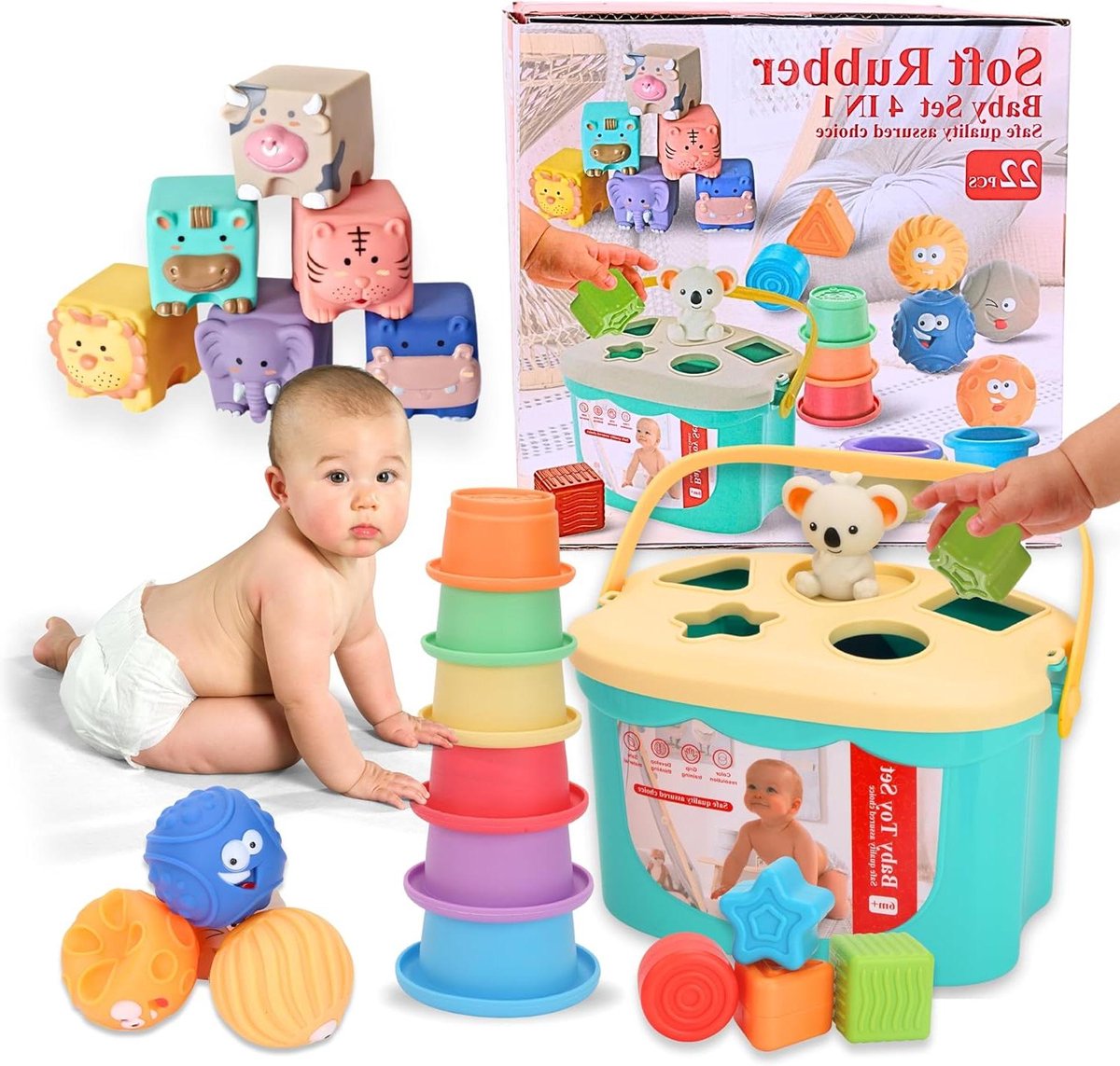 Provento - Sensorisch Montessori babyspeelgoedset met zachte blokken, vormsorteerder en stapelbare toren - Babycadeau voor 6-12 maanden - 22 delen
