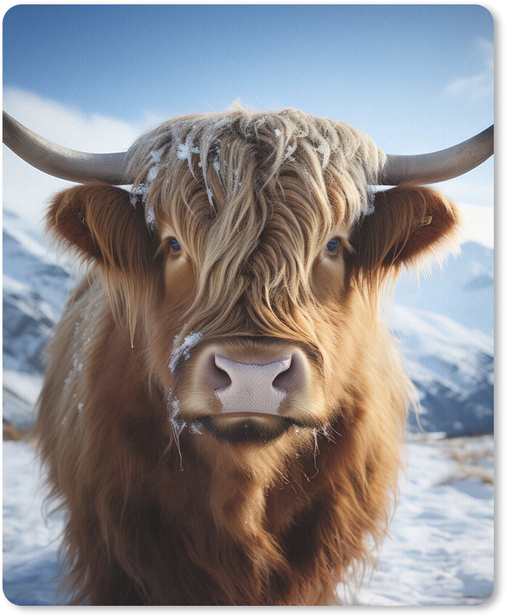 Muismat 19x23 cm - Mousepad Schotse hooglander - Bergen - Sneeuw - Muismatten