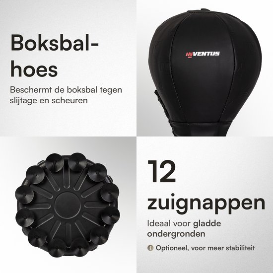 Zwarte bokspaalhoes en een close-up van de 12 zuignappen op de voet.