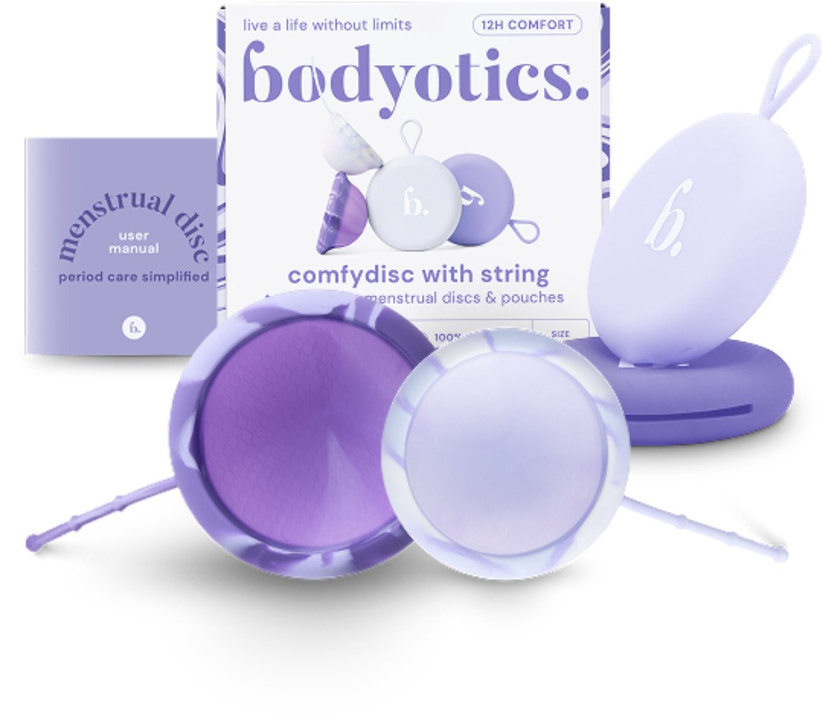 Bodyotics Comfydisc - Herbruikbare Menstruatie Discs - Menstrual Discs met Trekring - Maat S & L - Paars & Lavendel - 2 stuks