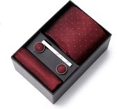 Cravate de Luxe - Set avec Boutons de manchette , pochette et pince à cravate - Set cadeau - 4 pièces - Motif à pois rouge foncé