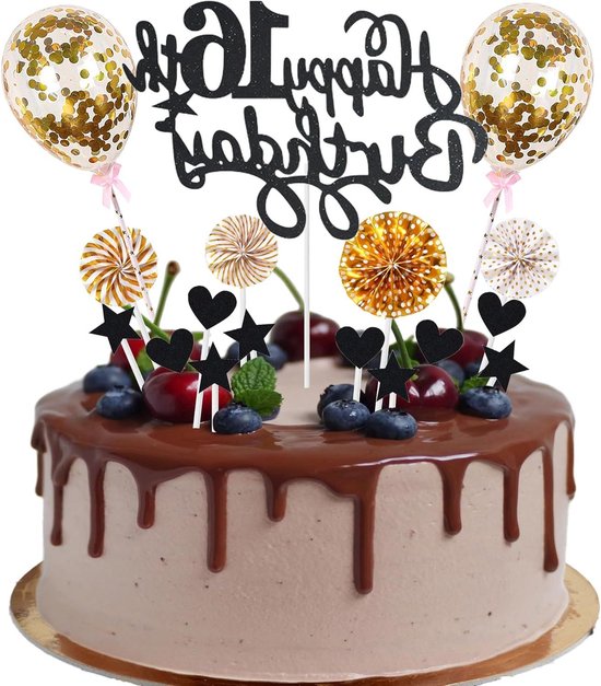 Taartdecoratie 16e verjaardag met Hello 16 Cake Topper in Zwart Goud