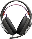 Zwarte JBL gaming headset met paarse touwtjes en chrome rand.