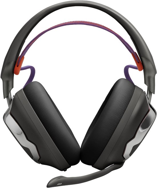 Zwarte JBL gaming headset met paarse touwtjes en chrome rand.