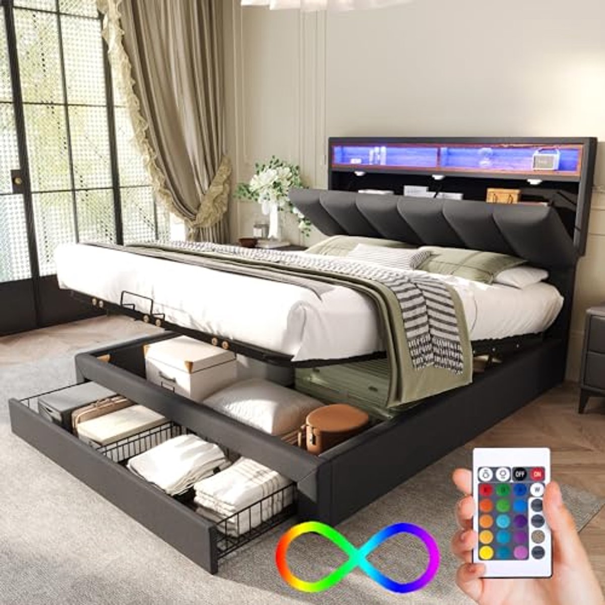 Dubbelbed 140x200 met LED en opbergruimte, gestoffeerd bed met laden in grijs