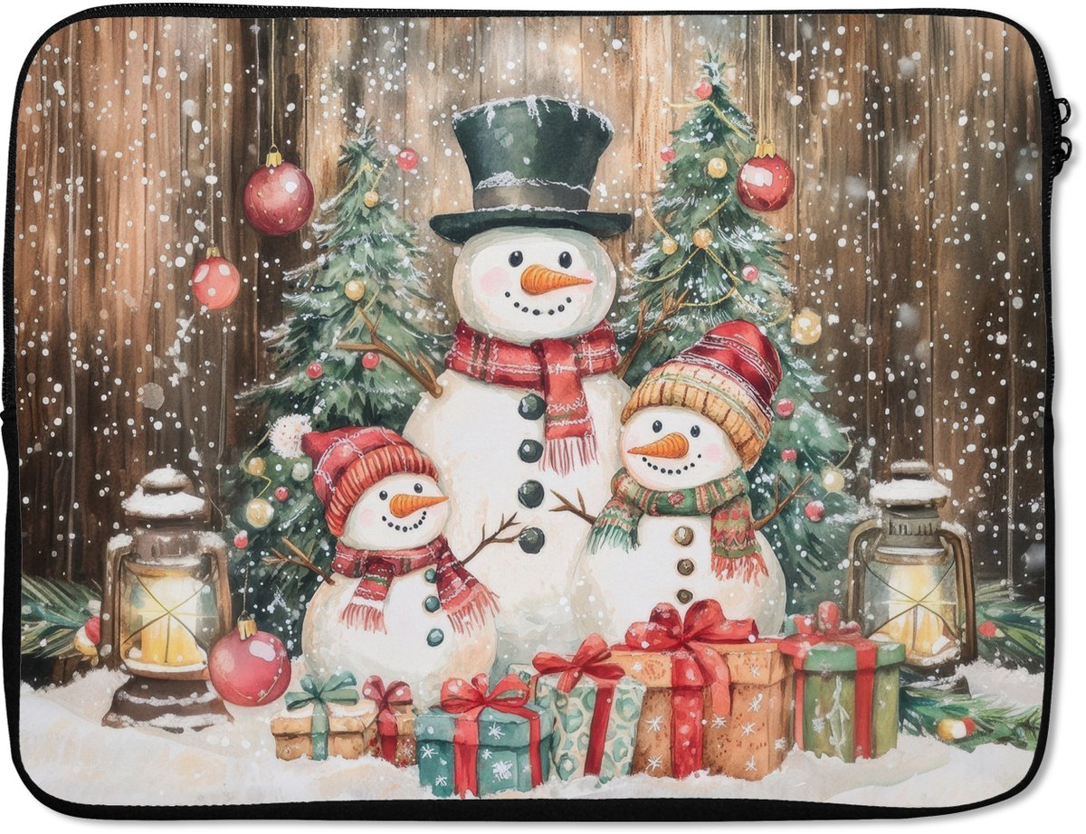 Laptophoes 17 inch - Sneeuwpop - Familie - Kleurrijk - Laptop sleeve - Binnenmaat 41x28 cm - Zwarte achterkant