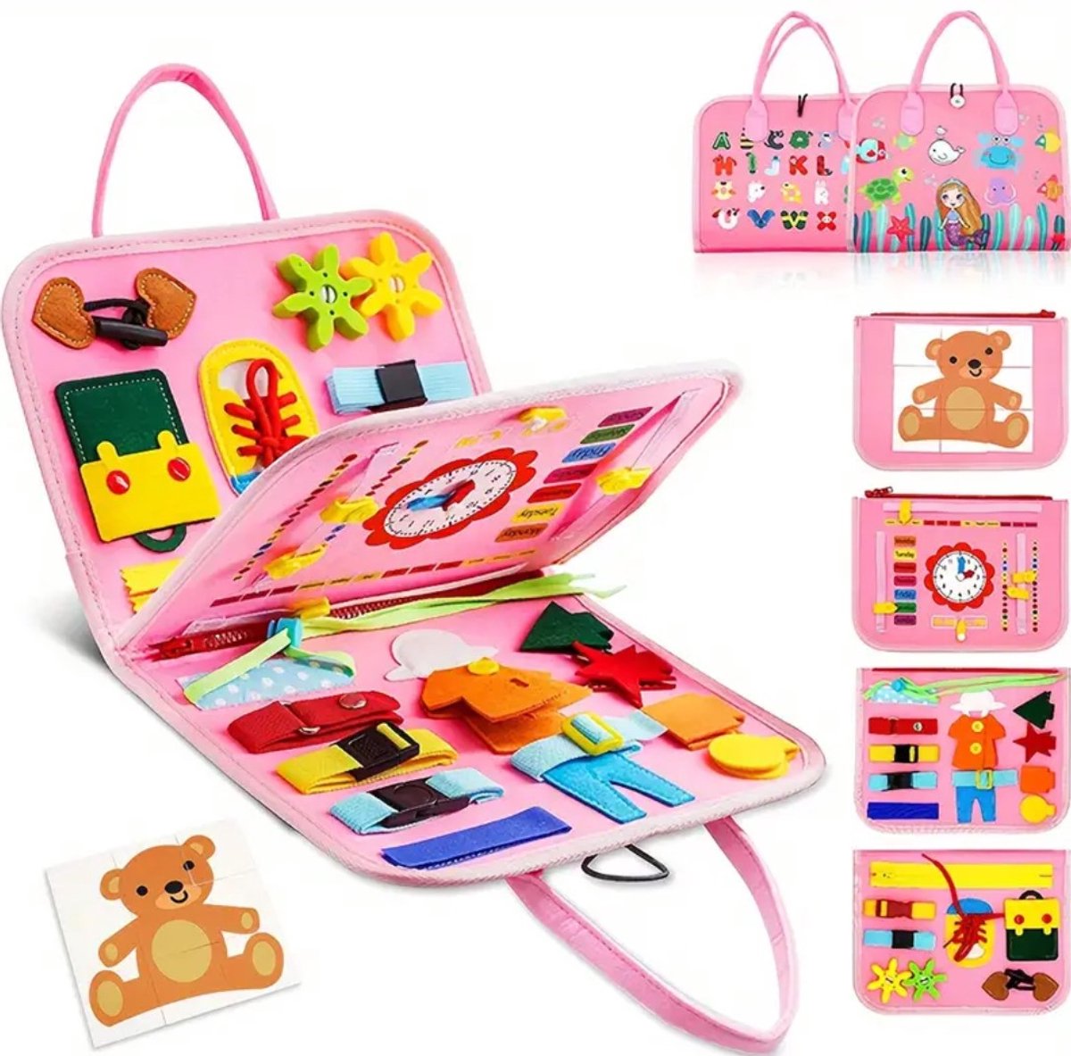 WoodyDoody Motoriek Mappen 2 Stuks Combinatie Voordeel Set Jongen en Meisje - Busy Board - Montessori Speelgoed Leren Veter Strikken - Educatieve Puzzel 3 jaar - Activiteitenbord - 26 Vaardigheden - Sensorisch Speelgoed - Educatief Spel — afbeelding 4