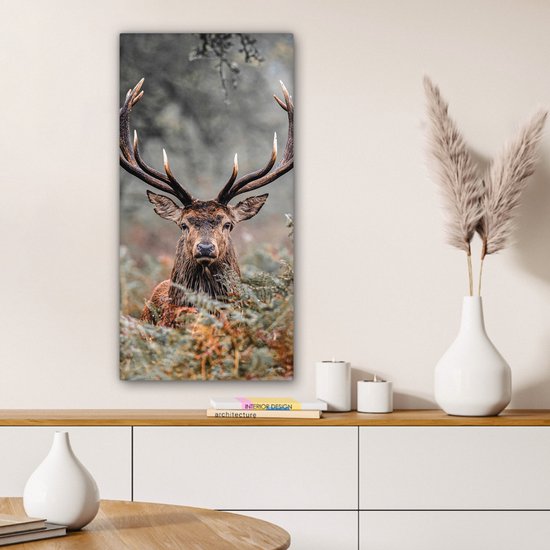 Canvas schilderij 40x80 cm - Wanddecoratie Hert - Natuur - Herfst - Bosdieren - Muurdecoratie woonkamer - Slaapkamer decoratie - Kamer accessoires - Schilderijen op canvas