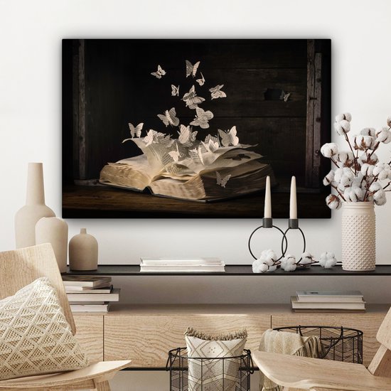 Peinture sur toile - Vintage - Boek - Papier - Papillon - Photo sur toile - Décoration murale - 60x40 cm - Canvasdoek - Tableaux abstraits