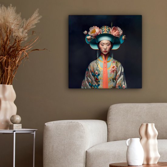 Tableau sur toile Femmes - Asiatique - Portrait - Vêtements - Fleurs - 50x50 cm - Décoration murale