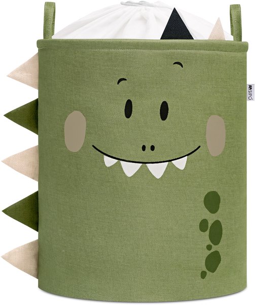 Groene dino speelgoedmand met grote ogen, wijd open mond met tanden en beige/groene stekels langs de zijkant.