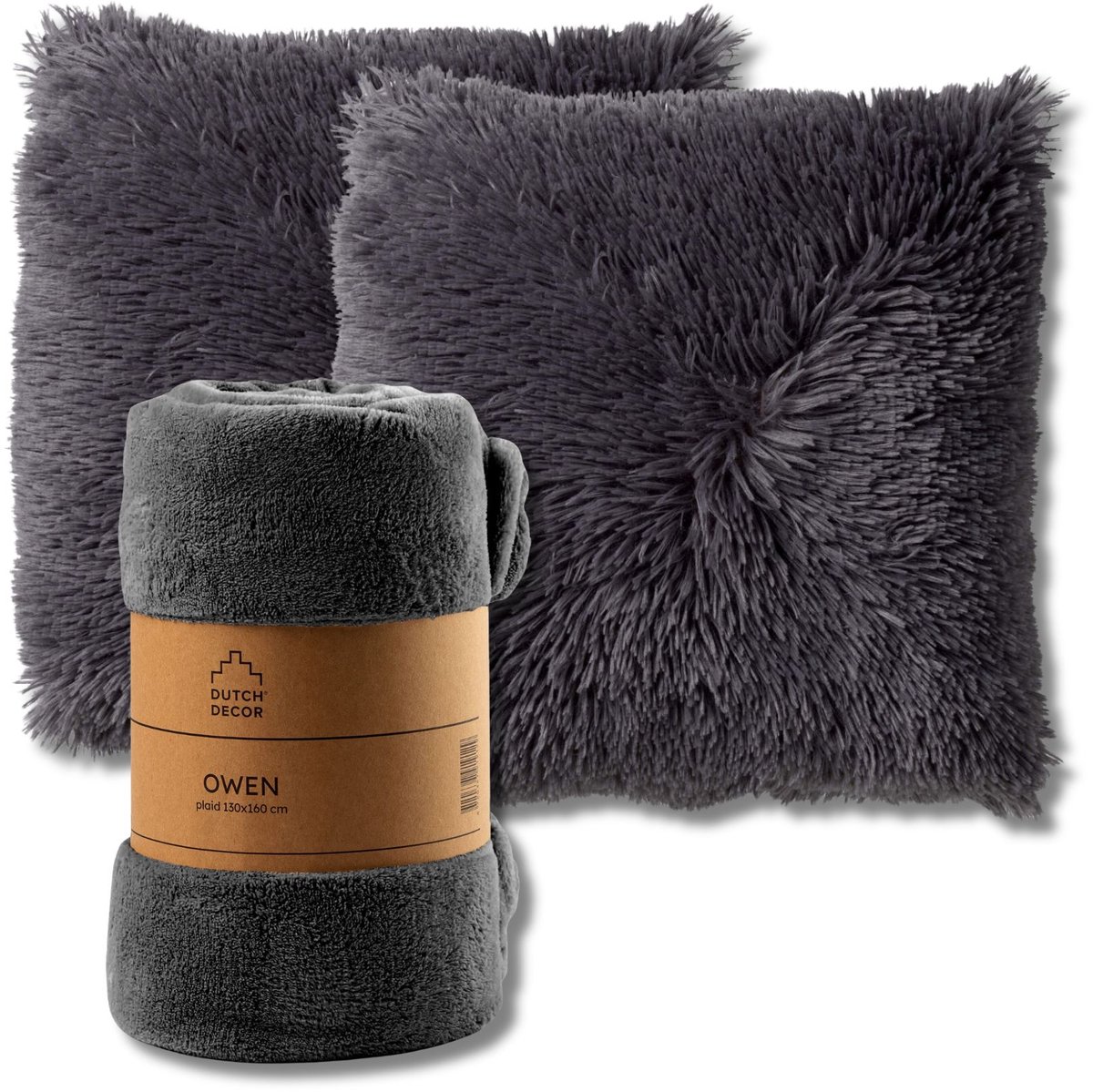 Dutch Decor VOORDEELSET - 3-delig - Fluffy & Owen - 2 sierkussens 45x45 cm - 1 plaid 130x160 cm - antraciet Grijs