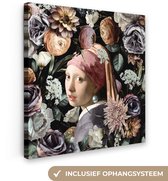 Toile de Oude Meesters - 50x50 - Peinture sur toile - Fille avec une boucle d'oreille en perle - Fleurs - Vermeer