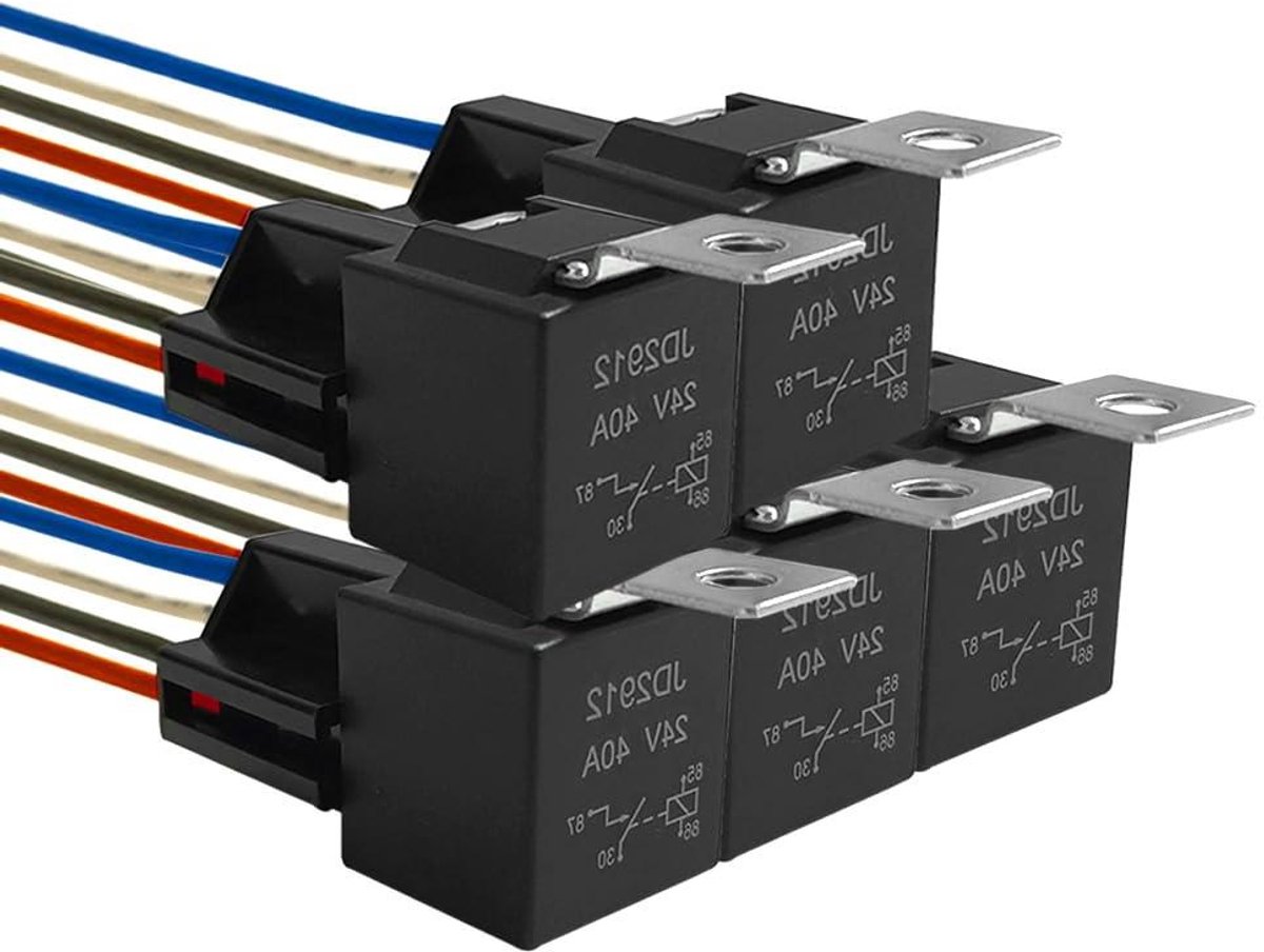 JHubers Goods - 5 Stuks Auto Relais met Harnas Stopcontact, 24V 40A, Geschikt voor Auto, Vrachtwagen, Boot (Zwart)