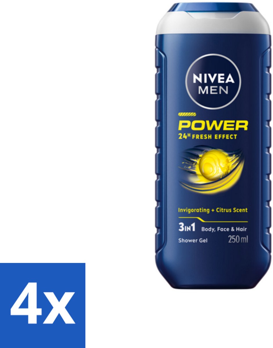 4 x NIVEA Men Douchegel Power Refresh 250 ml - Douchegel - 3-in-1 - Man - Energie - Verfrissend