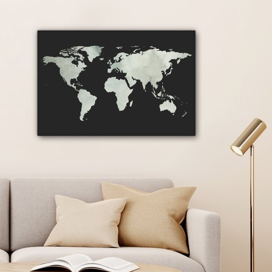 Wereldkaart aquarelle gris clair sur fond sombre 90x60 cm