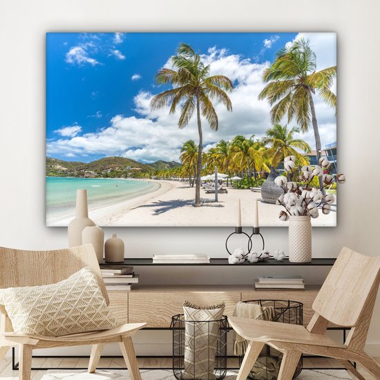 Peintures sur Toile Plage - Chaise Longue - Palmiers - 120x80 cm - Décoration murale