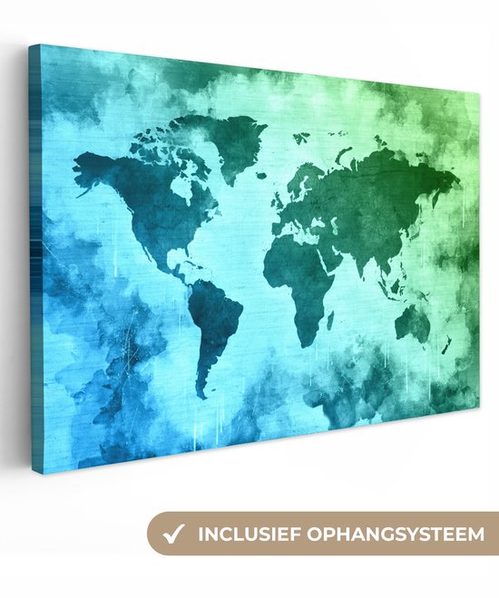 Wereldkaart avec peinture bleue qui change en vert sur fond avec motif texturé 140x90 cm