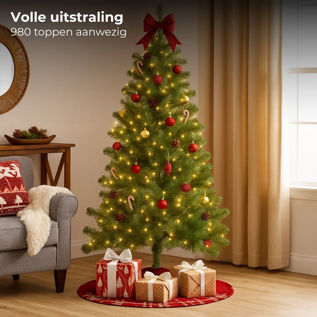 Lomera Kunstkerstboom 210 CM - Grote Kunstkerstboom - 980 Toppen Kerstboom - Metalen Standaard Kerstboom - Kerstboom Zonder Naalden - Duurzame Kerstboom - Kerstboom met 56 Dennenappels - Kerstboom - Denneboom - Kerst Boom – foto 2