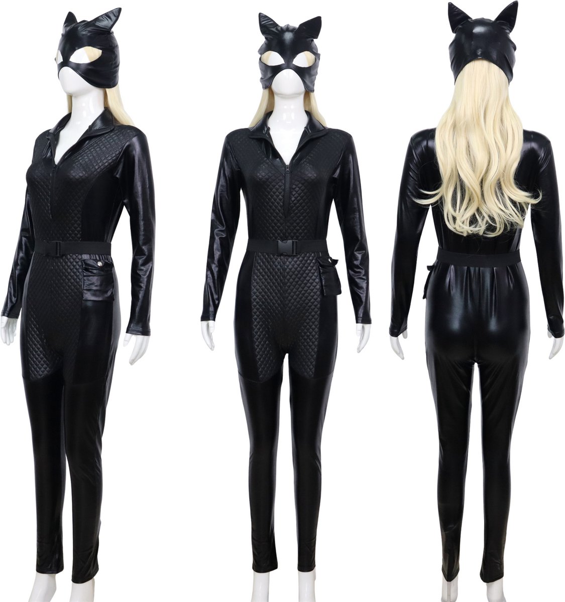 Joya Party® Cat kostuum Volwassenen | Zwarte stretch catsuit met masker en riem | Verkleedpak Halloween & Carnaval Dames | Sexy kattenpak | Catgirl jumpsuit Verkleed Kostuum | — afbeelding 6