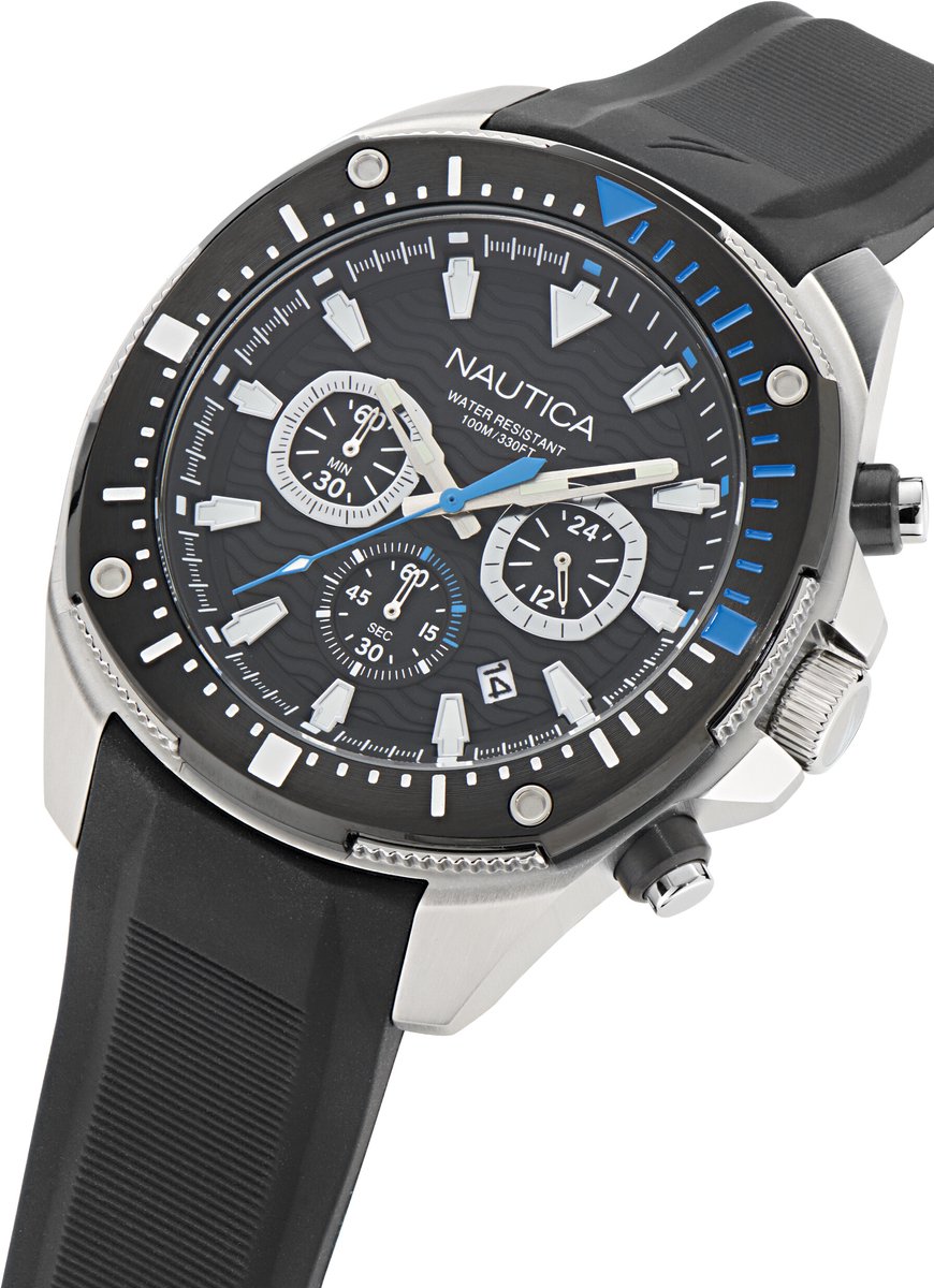 Nautica Nct Bluesail Quartz Analoog Horloge Zwart Material 100% Roestvrij Staal 100% Siliconaarmband 46 mm NAPBSF501, NAPBSF502, NAPBSF503
