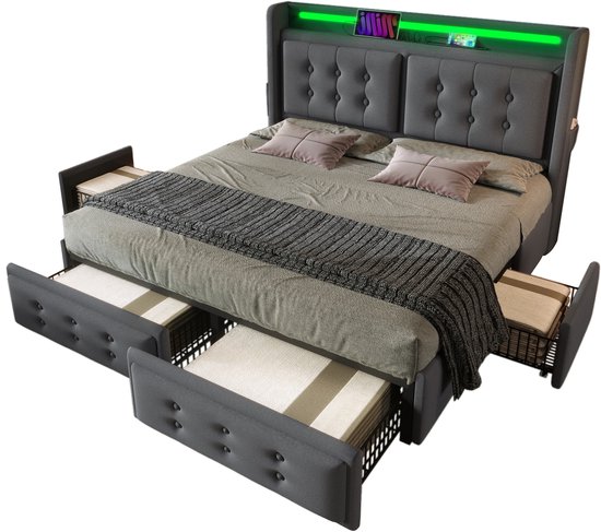 Lit Lits doubles capitonné HAUSS SPOLE 160x200 cm - Lit avec 4 tiroirs de rangement + Matras - Siècle des Lumières LED + port USB Type C - Katoen - Grijs