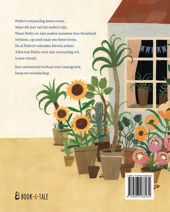 Achterkant van het boek 'Het nieuwe verjaardagsvriendje' met tekst en illustraties van planten.