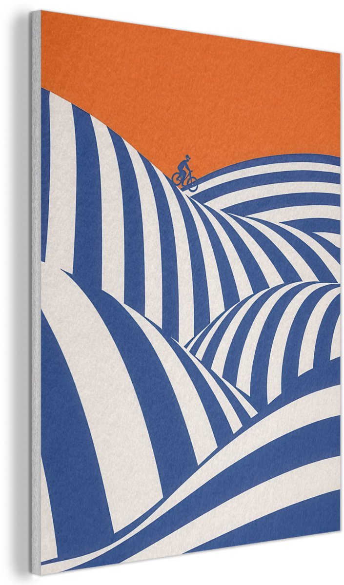 Akoestisch wandpaneel 70x100 cm - Vilt schilderij Fietser - Heuvels - Strepen - Blauw - Akoestische panelen - Geluidsdempende wanddecoratie - Geluidsisolatie woonkamer - Muurdecoratie geluidspanelen