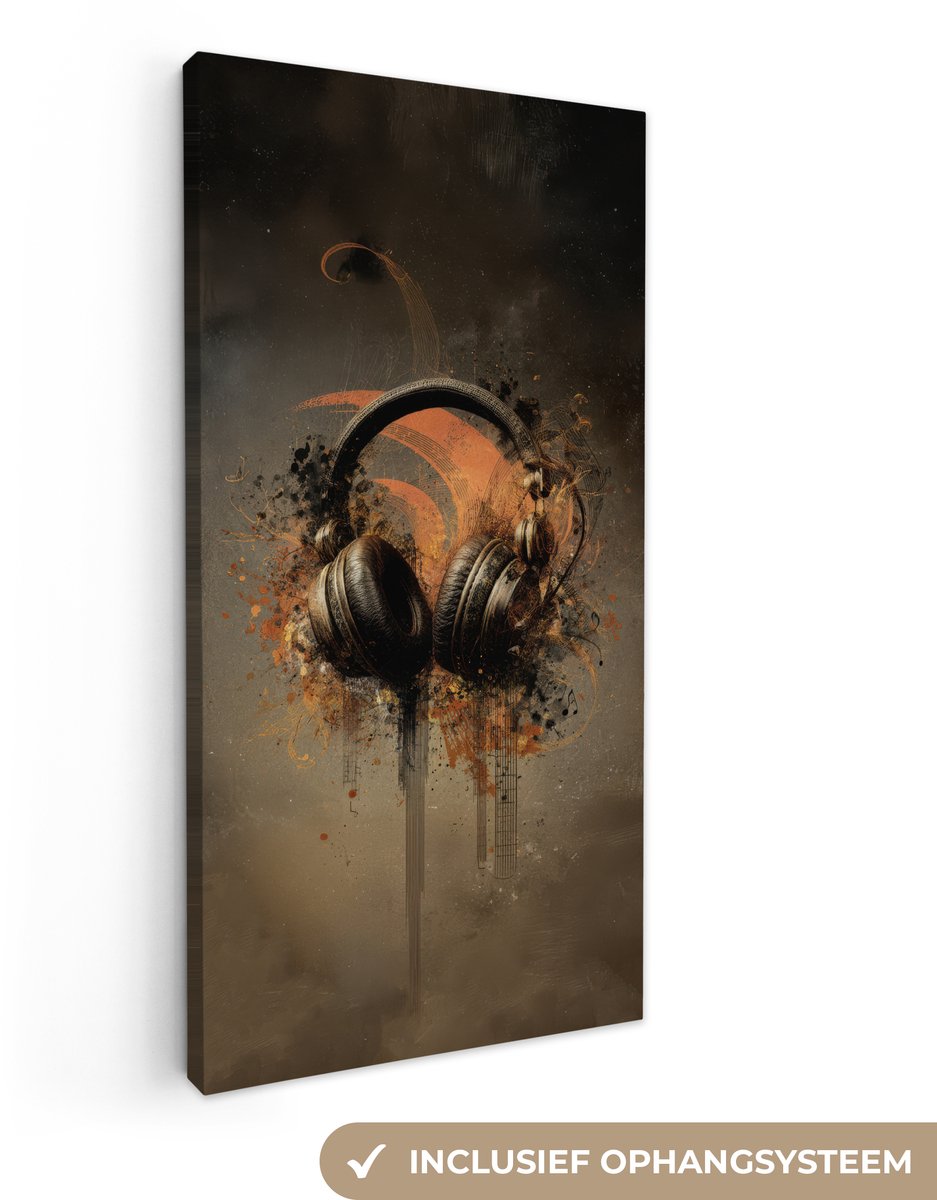 Canvas schilderij 80x160 cm - Wanddecoratie Koptelefoon - Bruin - Verf - Vintage - Muurdec