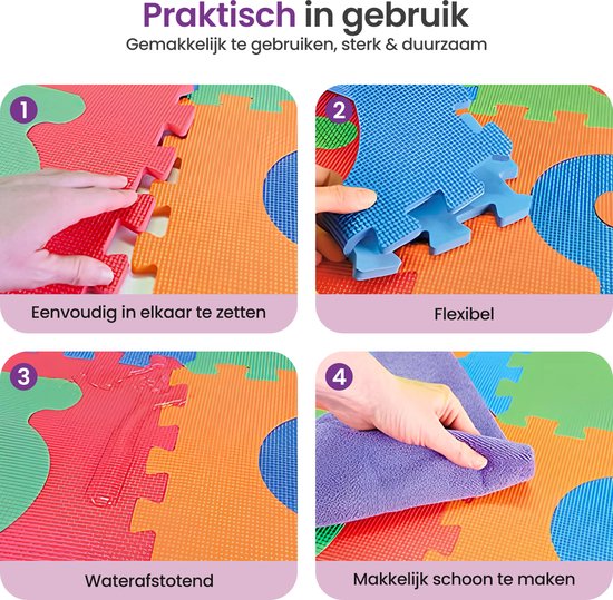Vier afbeeldingen tonen hoe de puzzeltegels aan elkaar te zetten, flexibel, waterdicht en makkelijk schoon te maken.
