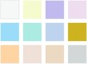 Twaalf pastelkleuren: wit, geel, paars, lichtroze, lichtblauw, mintgroen, lichtblauw, geelbruin, oranje, beige, lichtbruin, grijs.