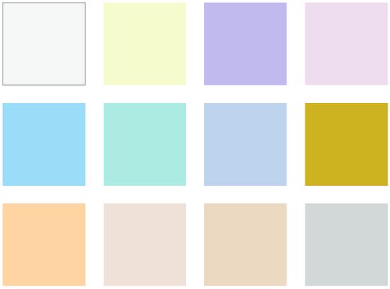 Twaalf pastelkleuren: wit, geel, paars, lichtroze, lichtblauw, mintgroen, lichtblauw, geelbruin, oranje, beige, lichtbruin, grijs.