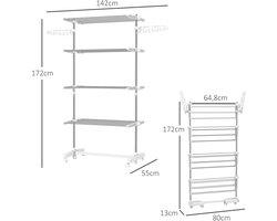 Pugsdrly Mobiele droogrek met wieltjes, 4 niveaus, opvouwbaar, roestvrij staal, wit+zilver, 142 x 55 x 172 cm