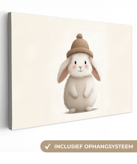 Canvas schilderij 120x80 cm - Exclusieve wanddecoratie Konijn - Muts - Oren - Beige - Kinderkamer schilderijen - Muurdecoratie babykamer - Kamer decoratie voor jongens en meisjes - Baby accessoires