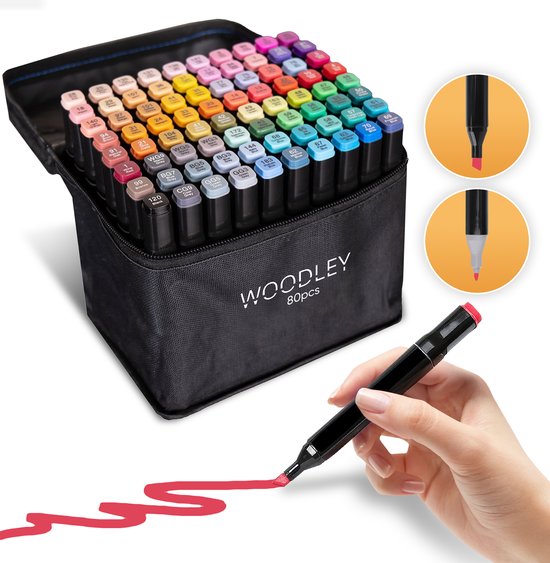 Woodley Dubbelzijdige Stiften - 80 kleuren - Voor volwassen en kinderen - Markeerstiften - Dubbelzijdige stiften - Twinmarkers - Alcohol markers
