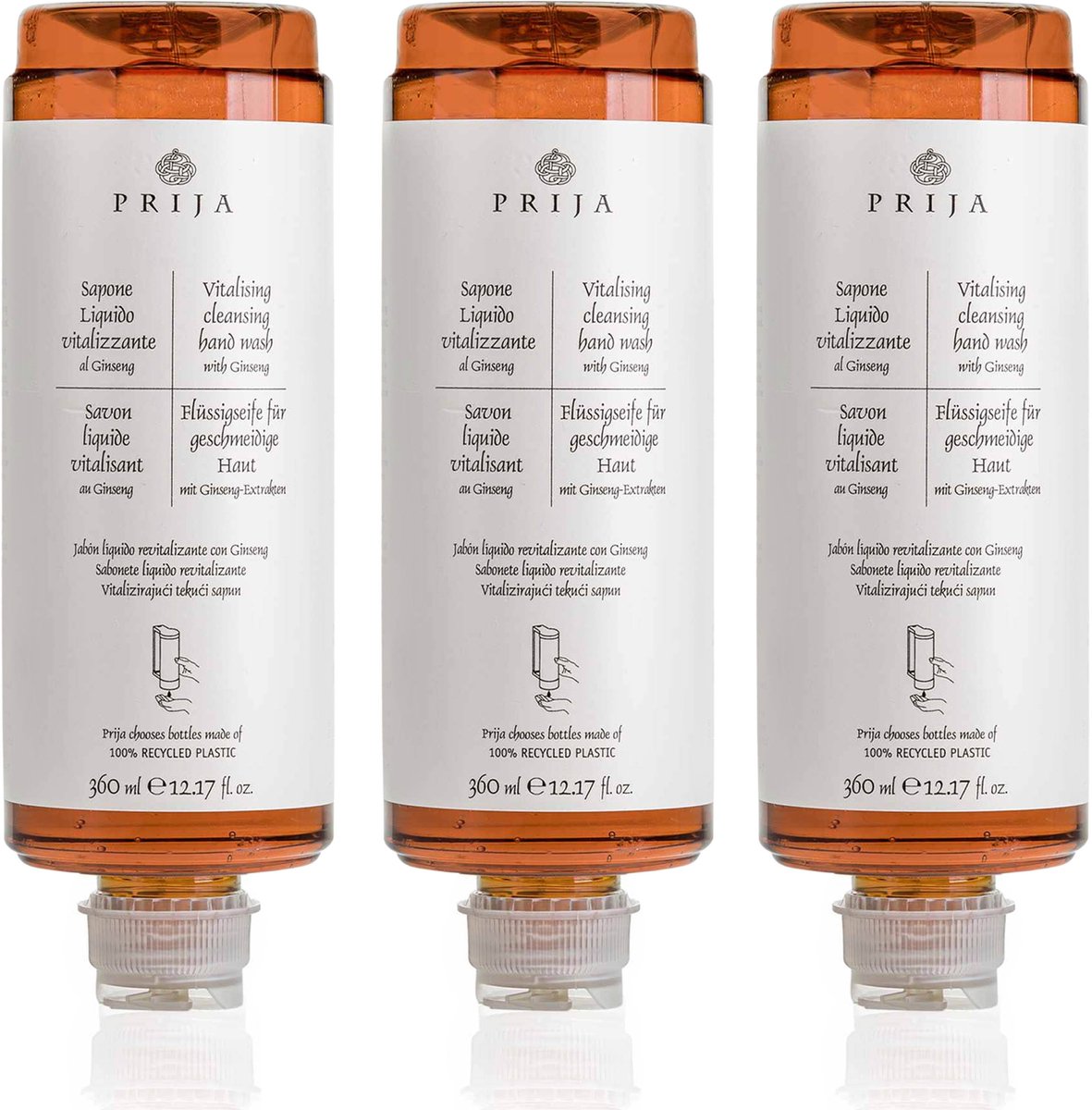 PRIJA vloeibare zeep met ginseng-extract, navulling voor dispenser, VEGAN 360 ml - 3 stuks
