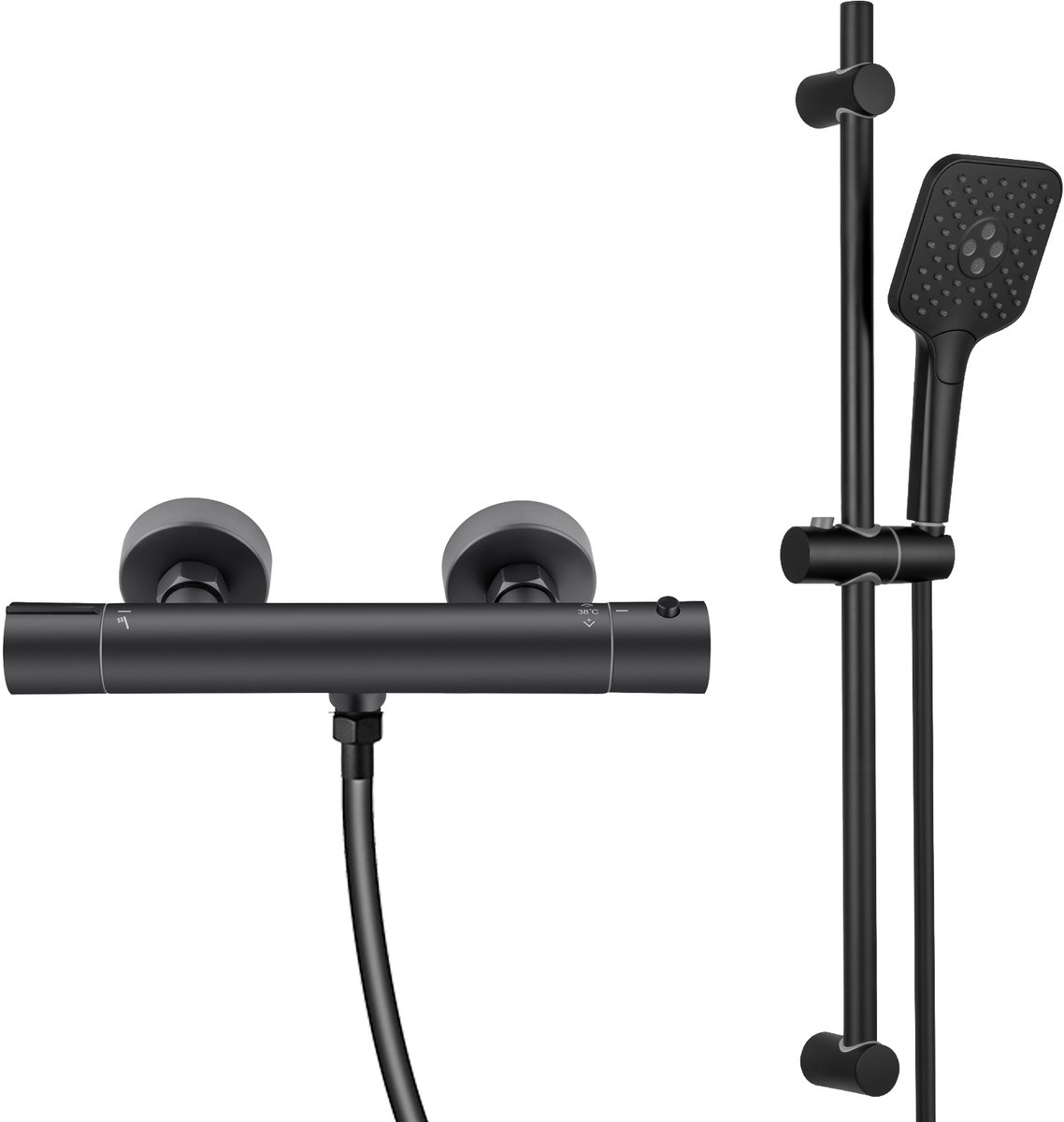 DERW MAX Thermostatische Douchekraan - 15cm- doucheset - Inclusief 70 cm Glijstang met 3 straalstanden - Waterbesparend - Zwart