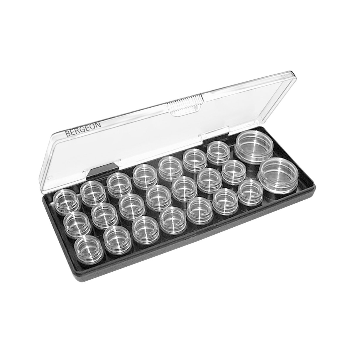 BERGEON Horlogekast - Met 23 opbergvakken - Transparant scharnierend deksel - Afmetingen: 260 x 105 x 25 mm - C236209