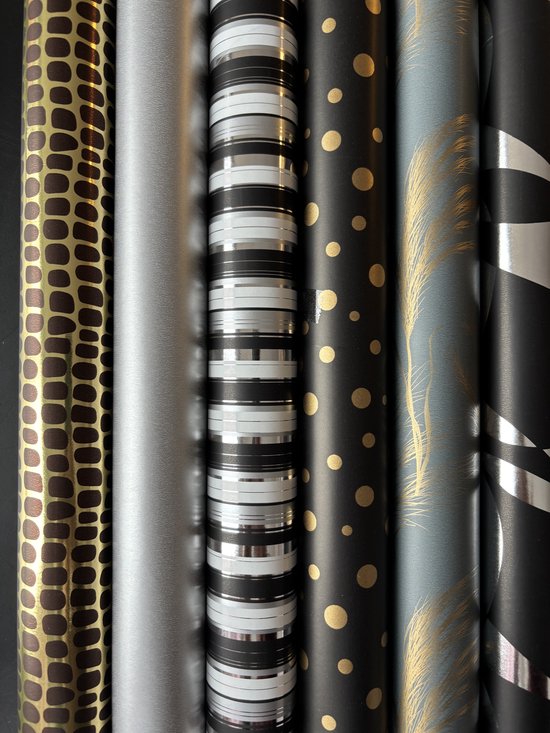 Inpakpapier Verjaardag Goud Zilver Zwart Luxe 6 rollen- Breedte 70 cm - 2m lang