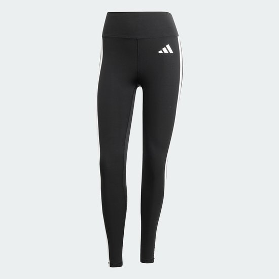 Zwarte sportlegging met witte Adidas strepen op de zijkant en een Adidas logo op de heup.