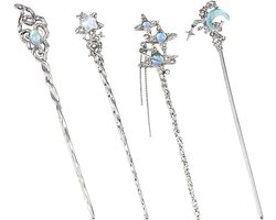 Allecto Plus - Maan Haar Pin Stick Set - 4 Stijlen - Zilveren Ster Vlinder Hart - Aziatische Vintage Metalen Eetstokjes - Tibetaanse Eetstokjes voor Lange Kapsels.